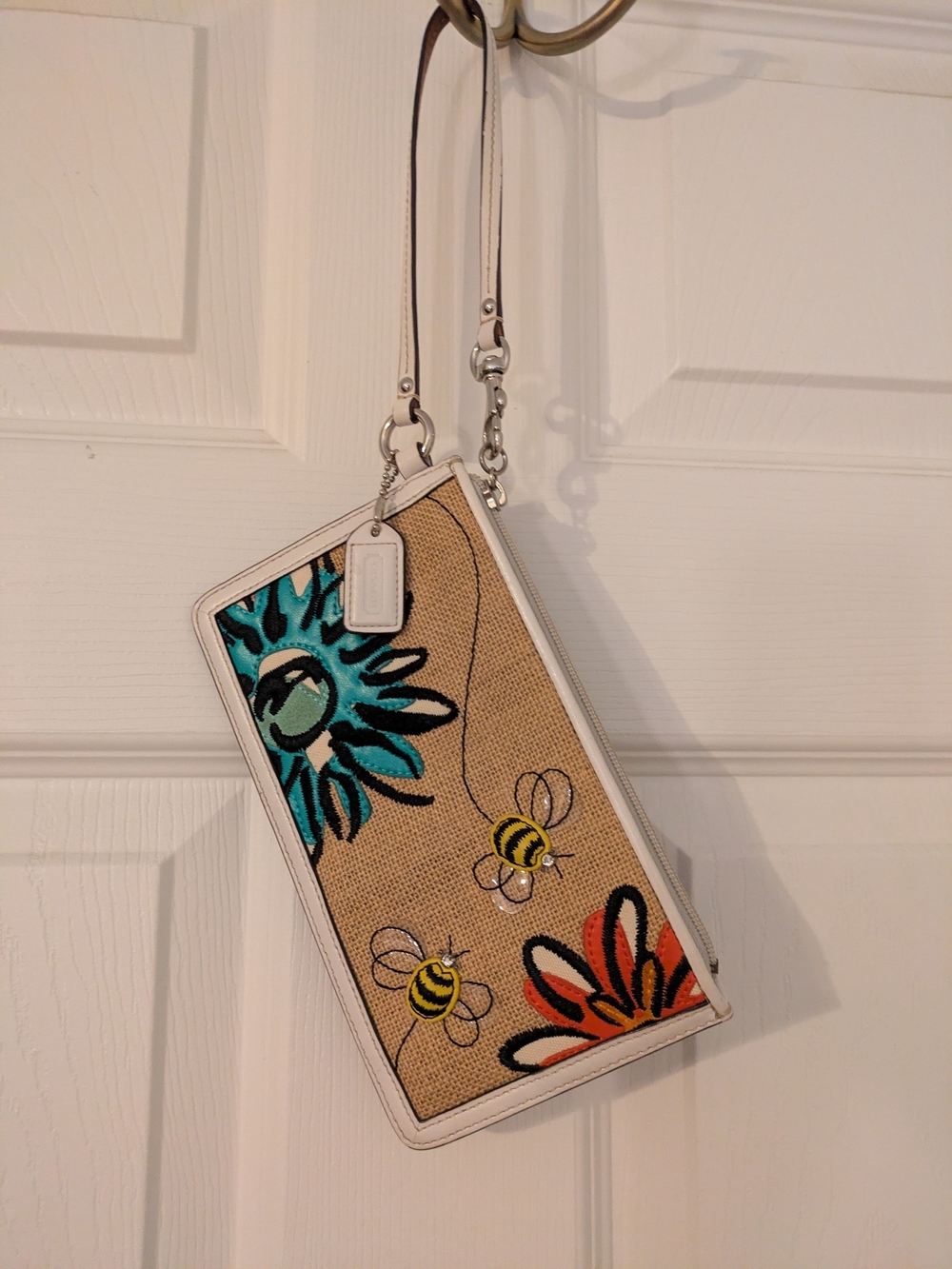 Coach Rare Y2K Floral & Bee Wristlet Wallet with White Leather Trim
